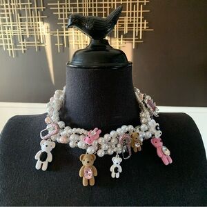 Betsey Johnson Teddy Girl Drama Charm Necklace Faux Pearl Statement